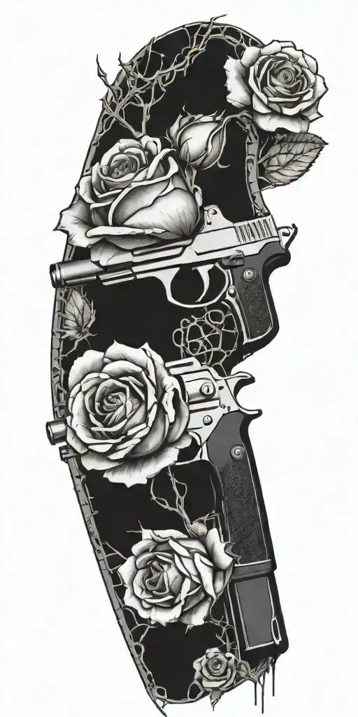 A Gun Morphing Into A Rose With Thorns Made Of Construction Tools