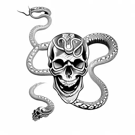 Skull With Snake Winding Through Eyes And Head Pointing Out The Mouth