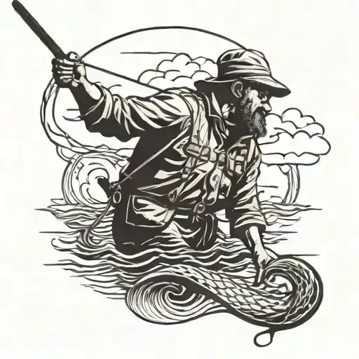 Side Profile Silluette Of Fisherman Casting His Line