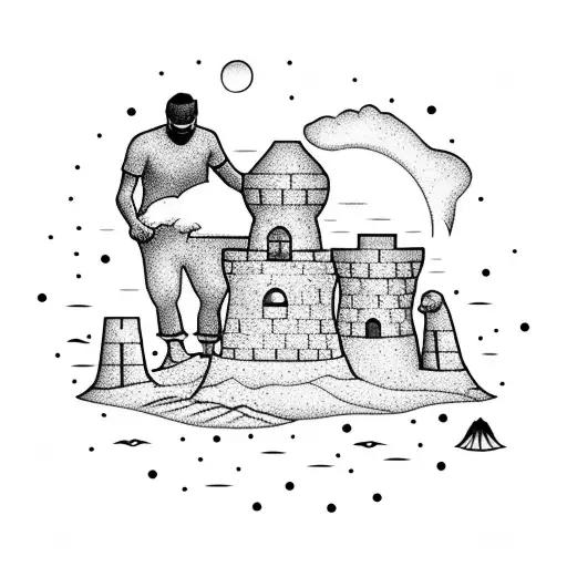 Father And Daughter Building A Sand Castle On The Beach With Sunset In The Background