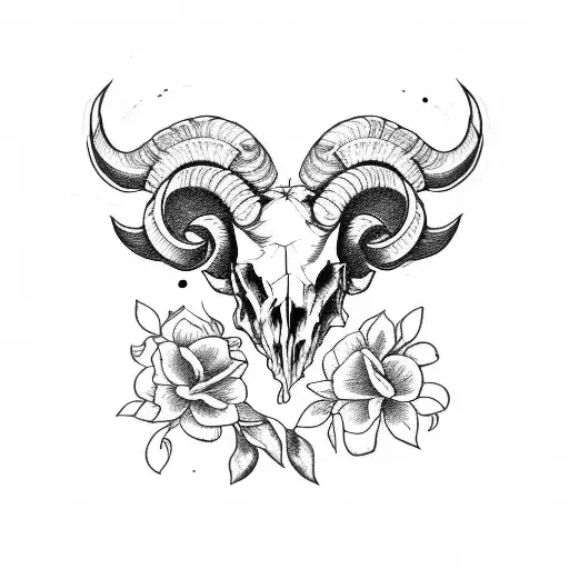 Ram Skull With Flowers And A Sword
