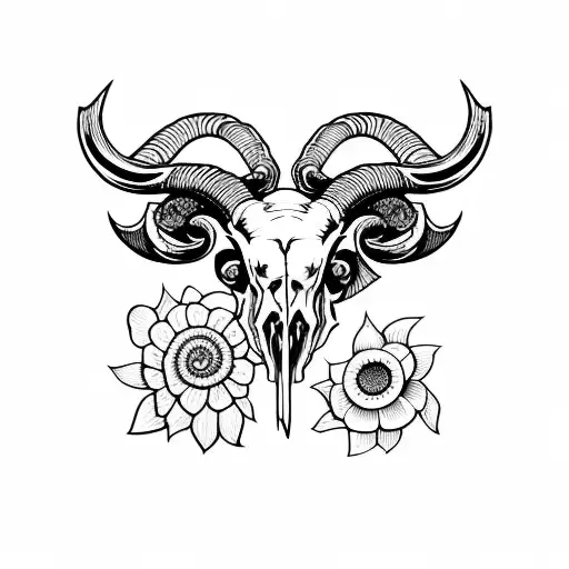 Ram Skull With Flowers And A Sword