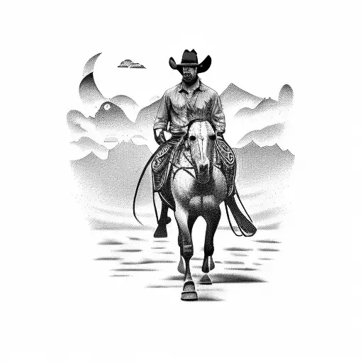 A Cowboy On Horseback As It Rears With A Skyline In The Background