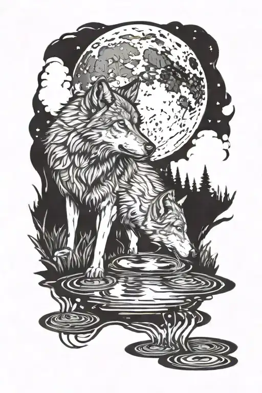 Wolf Drinking From Pond With Full Moon Surrounded