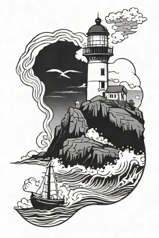 Lighthouse On Rocky Island And Waves Crashing