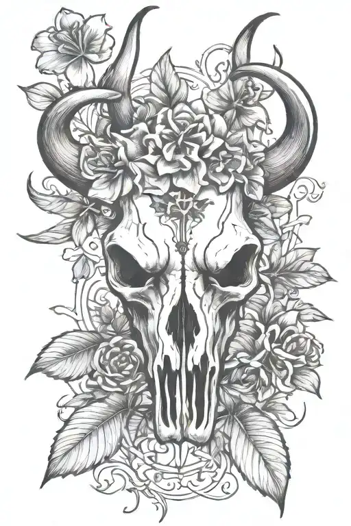 Side Profile Bull Skull Surrounded By 3 Leaf Clovers And Lily