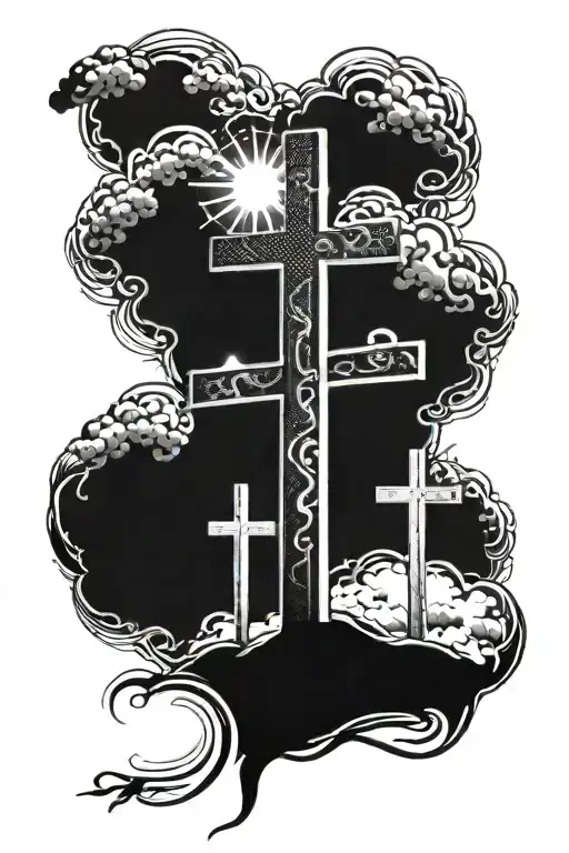 3 Crosses With Clouds And Sun Rays In Top Right Corner