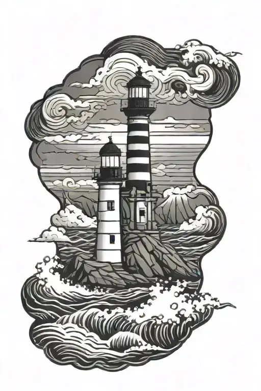 Lone Lighthouse On Rocks With Waves Crashing And Stormy Skies