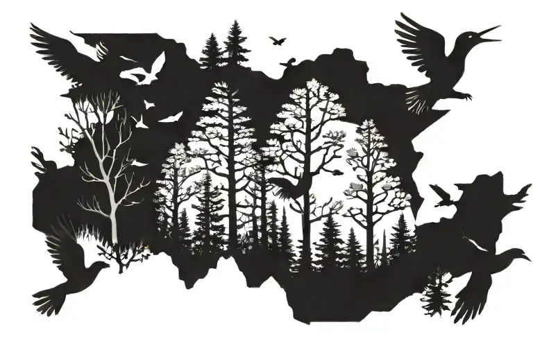 Forest With Birds Flying From It