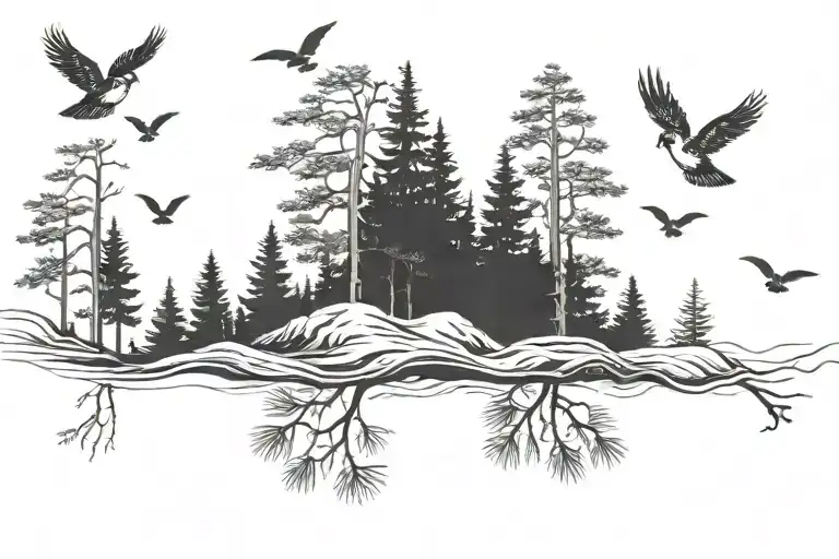 Pine Forest With Small Birds Flying Away