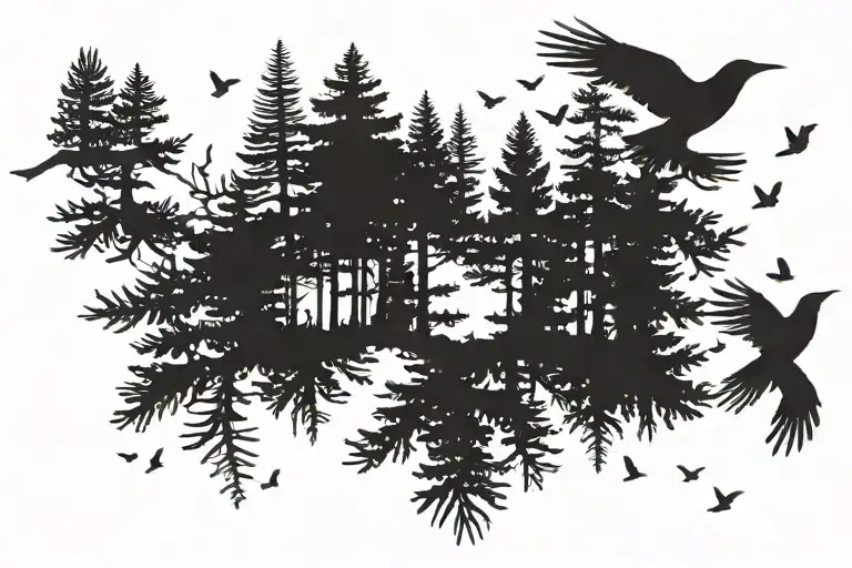 Pine Forest Silhouette With Small Birds Flying Away