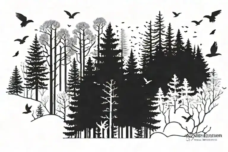 Pine Forest Silhouette With Small Birds Flying Away