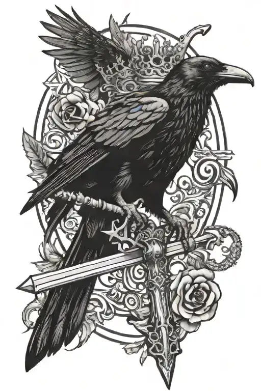 Crow With A Crown Perched On A Sword With A Halo In The Background