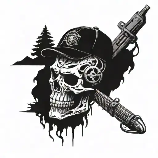 A Tattoo Of A Skull Demon Surrounded By Camping Gear And Military Law Enforcement Symbols
