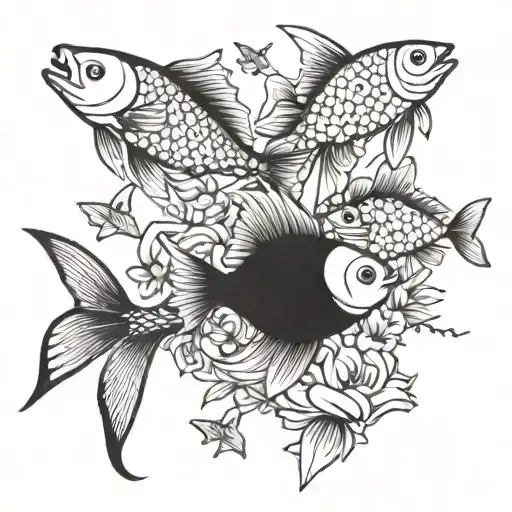 A School Of Fish Swimming Gracefully With A Vibrant Garden Of Flowers In The Background