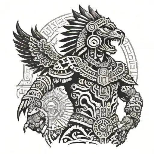 Aztec Jaguar Warrior Standing In Front Of Aztec Sun Temple With An Eagle Flying Above Them