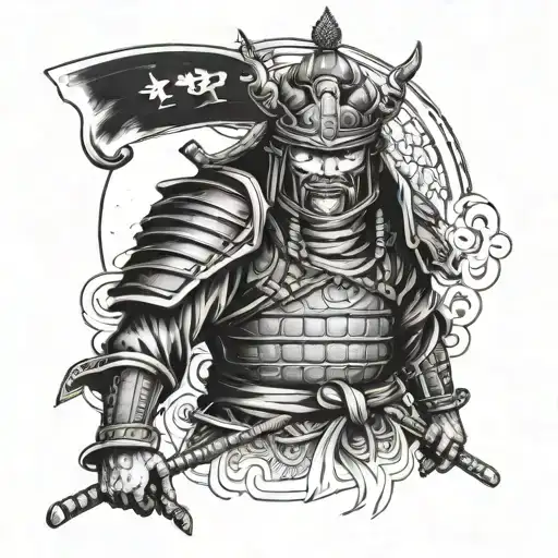 Black White Tattoo Design Focus On A Large Traditional Samurai In Detailed Armor