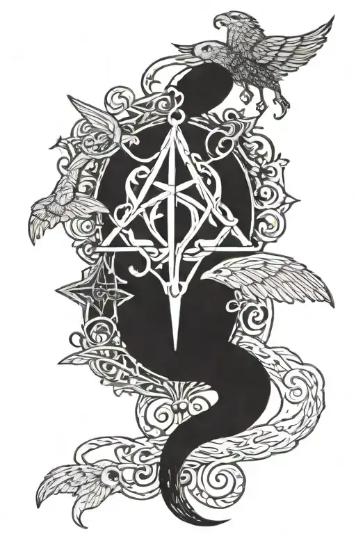 A Tattoo Featuring Symbols From Harry Potter And The Bible In A Black-grey Style