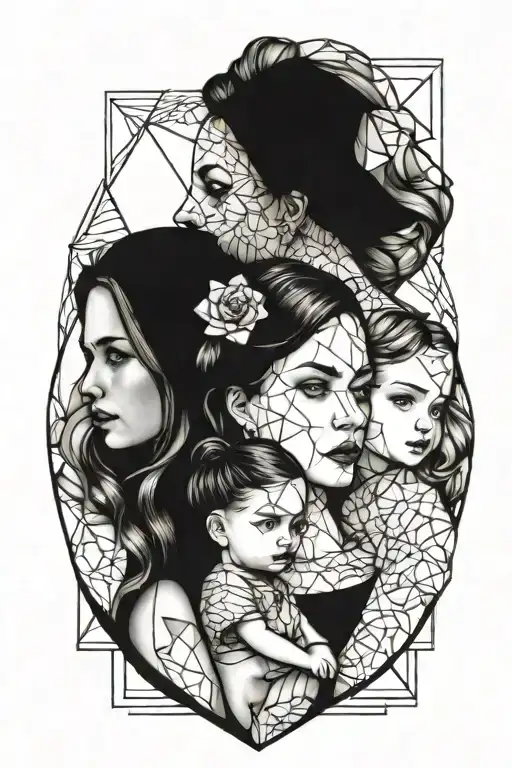 A Beautiful Portrait Of Your Wife And Two Daughters In A Unique Geometric Style