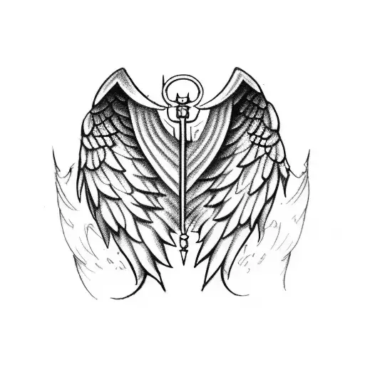 Angel And Devil Wings With Sword And 3 Relegion At The Center