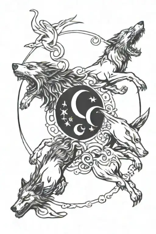 Skoll And Hati Chasing Each Other With The Sun And The Moon