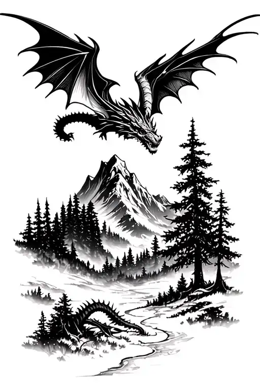 Forest Scene With A Mountain Background Dragon Flying