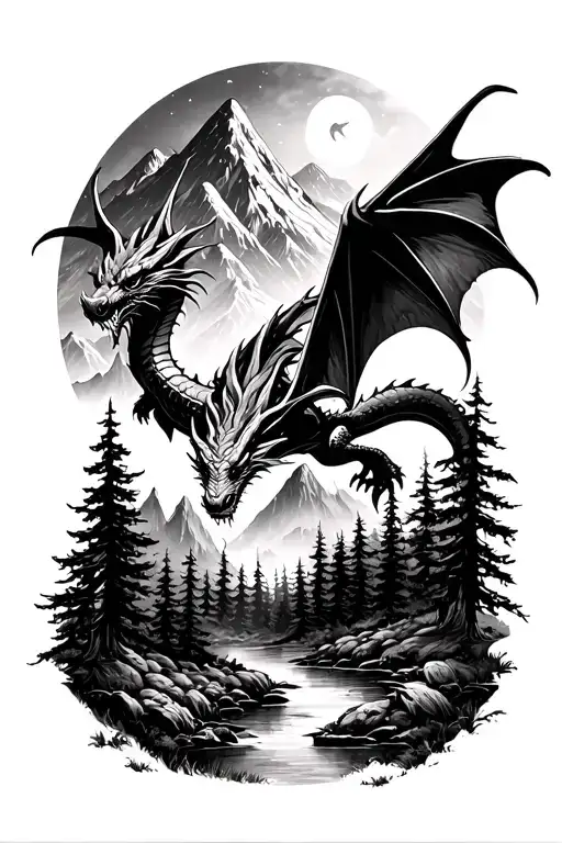 Forest Scene With A Mountain Background Small Dragon Flying