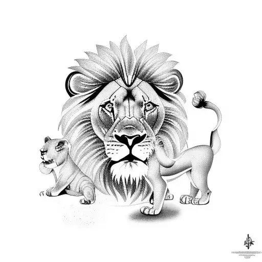 Lion Protecting Mother And 2 Sisters