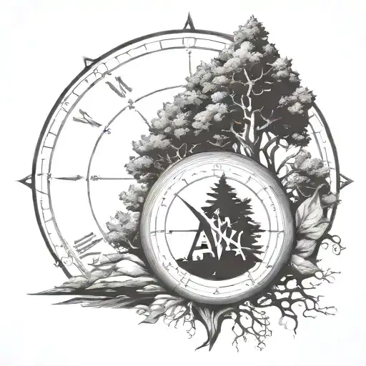 Lettering Word '4W' W Compass And Tree
