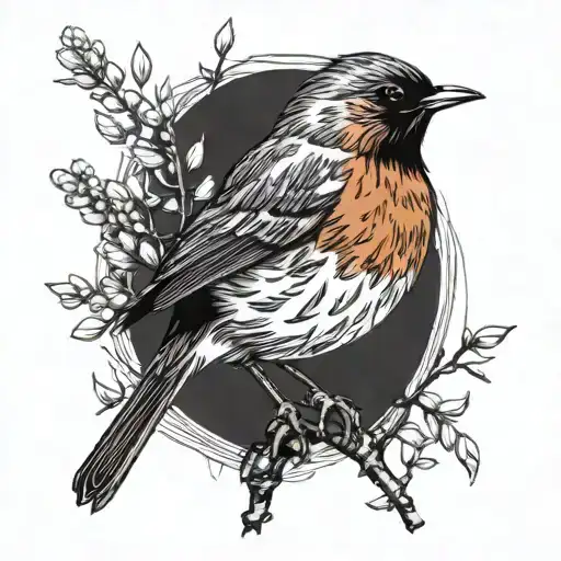 European Robin On Willow Branch With Just Red Breast As Colour