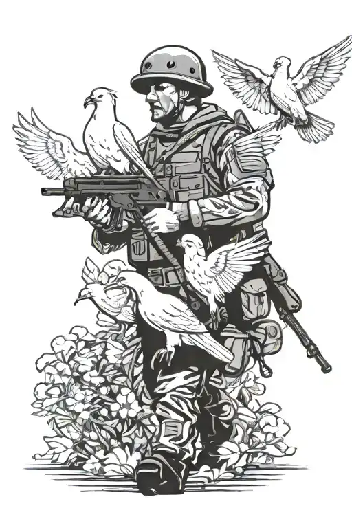 Soldier With Rifle Walking Forward Holding A Rosary With White Pigeons Passing In The Sky