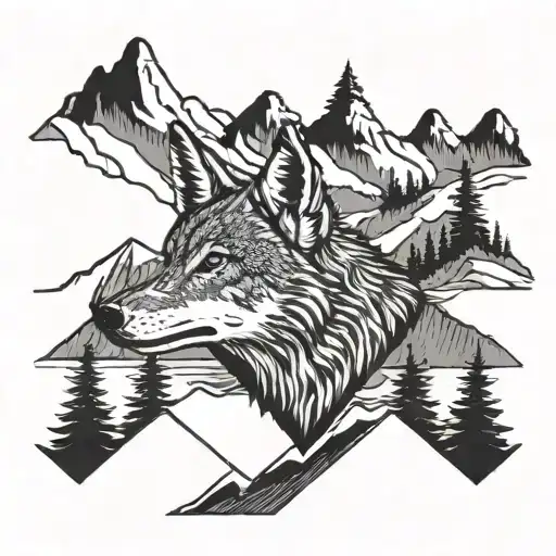 Coyote At Mountain Lake Surrounded By Mountains