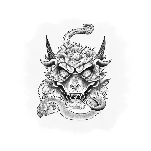 Oni Mask On Forearm With Peony Flowers And Snake Arm Sleeve