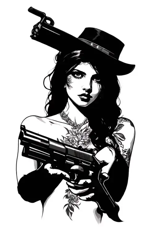 Nude Tattoo Woman Holding Gun