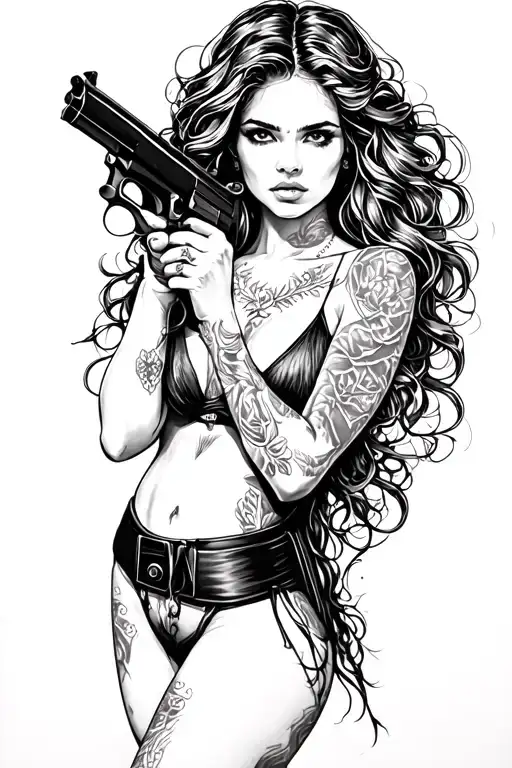 Nude Tattoo Woman Holding Gun