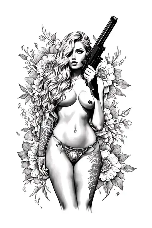 Nude Tattoo Woman Holding Gun