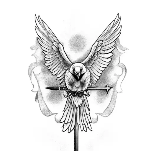 Raven With 3 Heades And Legs Holding Sword Flag And Corwn