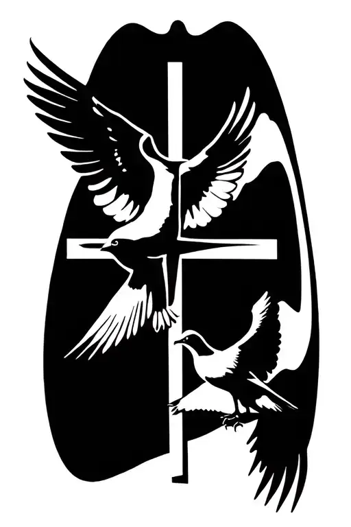 A Christian Cross In Straight Line And In Front Of A Dove Which Has Its Wings Deployed