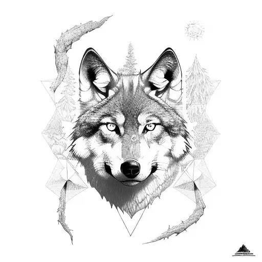 Wolf In Forest With Geometrical Shapes Around It