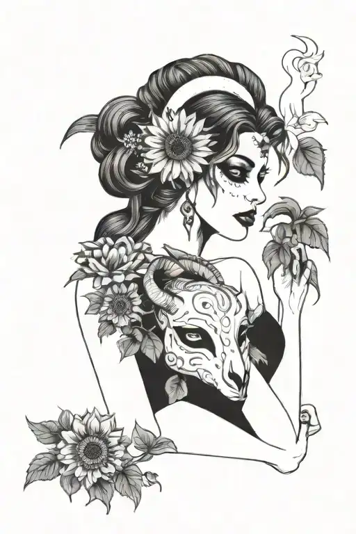 A Girl In A Black Gothic Long Dress With A Goat Mask On Her Face And A Sunflower In Her Hands