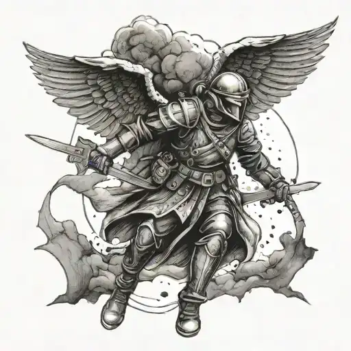 A Dotwork Depiction Of A War Angel Watching Over A Battlefield From Above