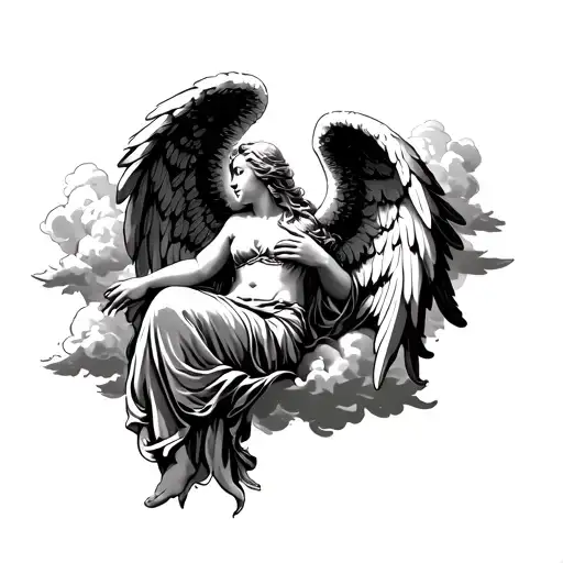 Angel With Wings Resting With Clouds Surrounding