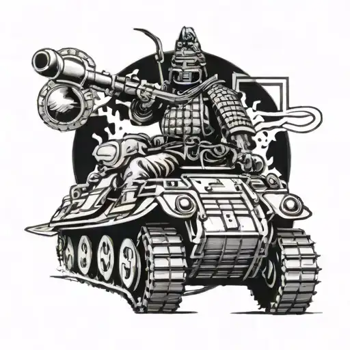 Samurai Warrior Riding A Vintage Military Tank