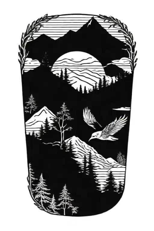 Whitepine Tree With Mountain Blue Bird Flying Away