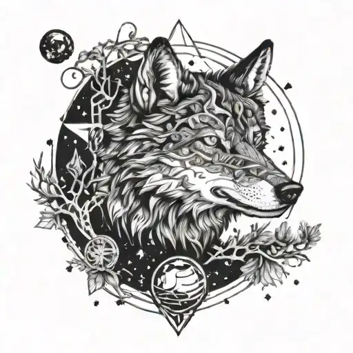 A Cosmic Wolf With Space Elements Like Planets And Stars Intertwined With Trees