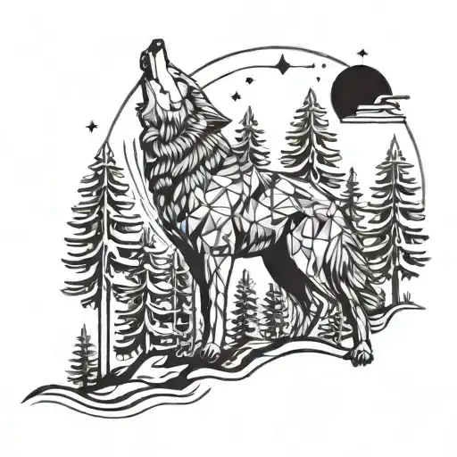 A Geometric Wolf Howling At The Moon Surrounded By A Forest Of Trees