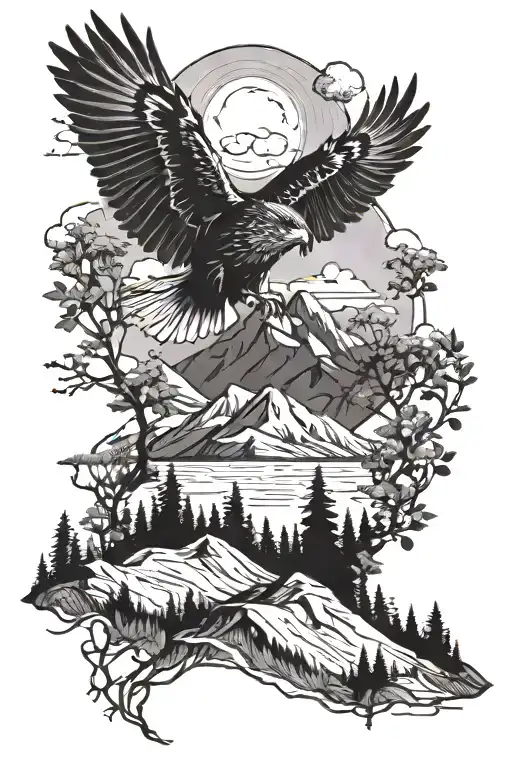 Nature With Trees Hawk Flying And Mountains On Forearm