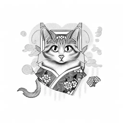 Geisha With Cat And Japanese House On A Road