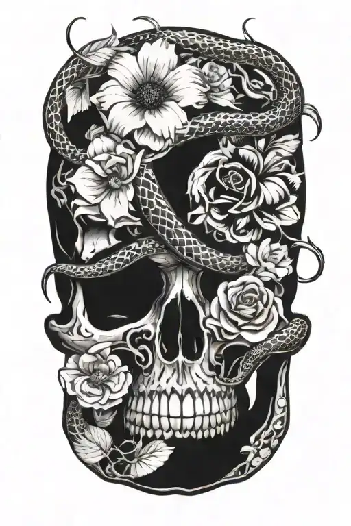 Snake Going Through A Skull With Flowers