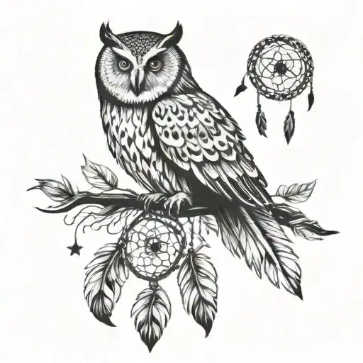 Owl With Dreamcatcher And Feathers Dangling